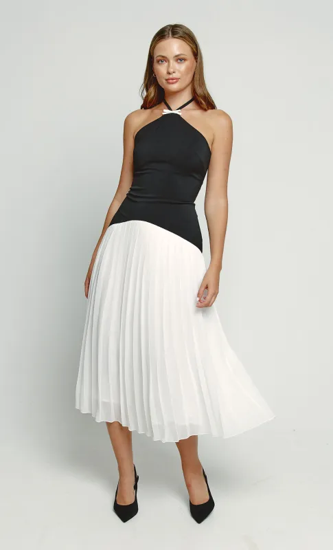 Black & White Drop Waist Pleated Midi Dress sold by Rare London