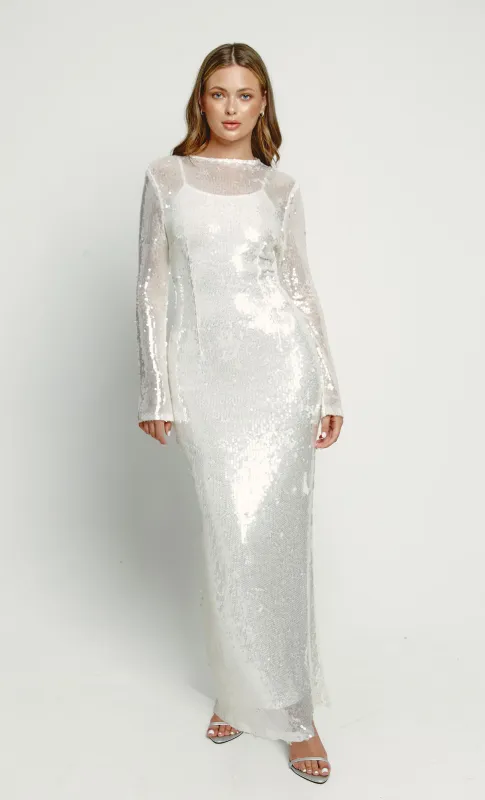 White Sequin Long Sleeve Maxi Dress sold by Rare London