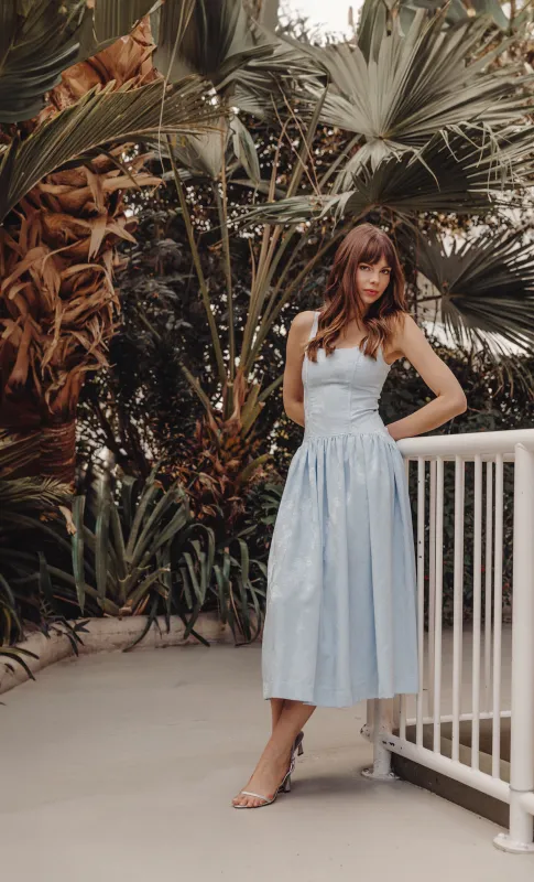 Blue Satin Jacquard Drop Waist Midi Dress sold by Rare London