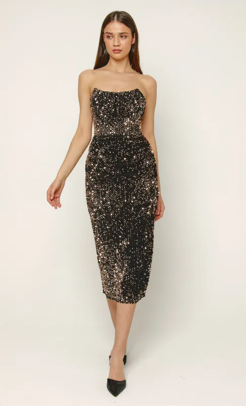 Rose Gold Sequin Midi Dress sold by Rare London