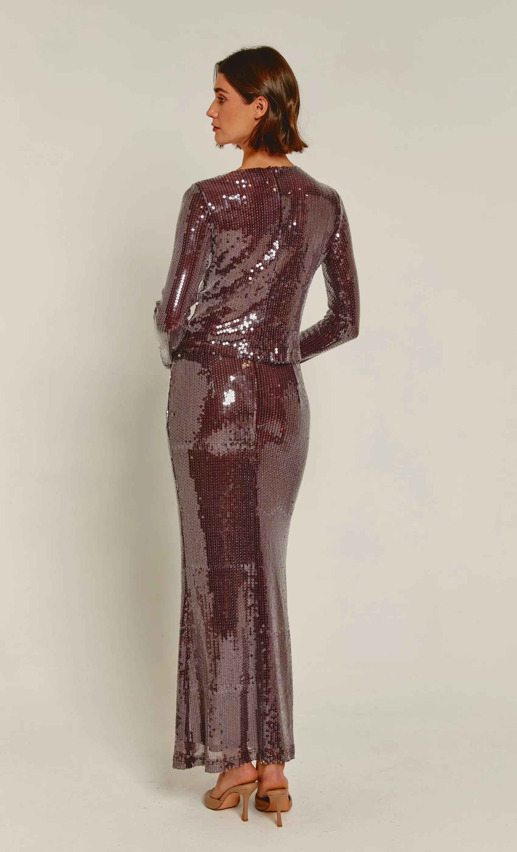 Burgundy Sequin Maxi Skirt sold by Rare London product image thumbnail 3