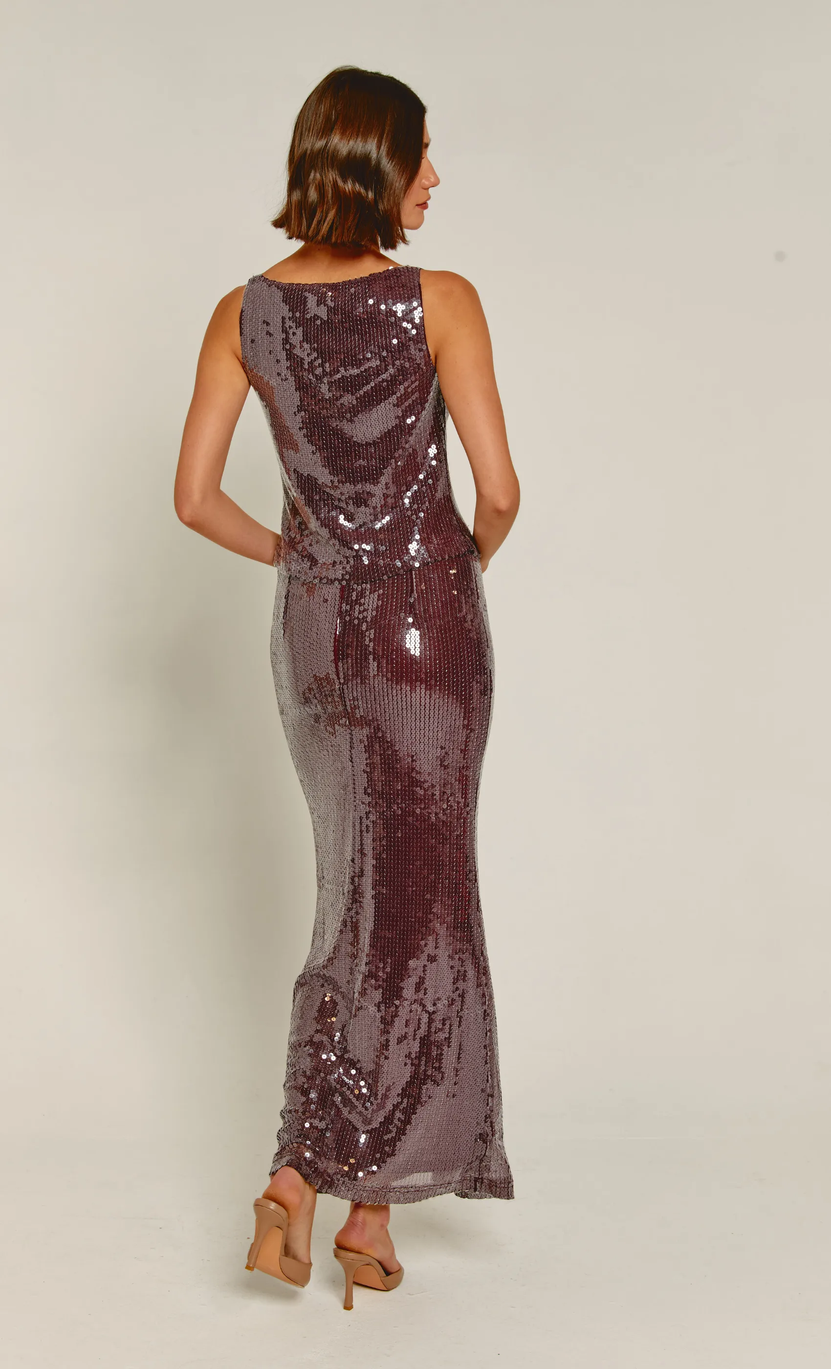 Burgundy Sequin Maxi Skirt sold by Rare London product image thumbnail 5