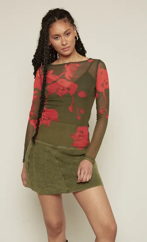 Khaki Printed Orchid Mesh Top sold by Rare London