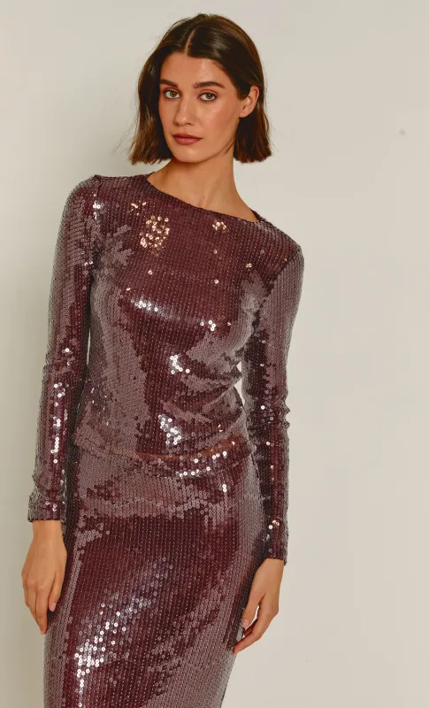 Burgundy Sequin Long Sleeve Top sold by Rare London