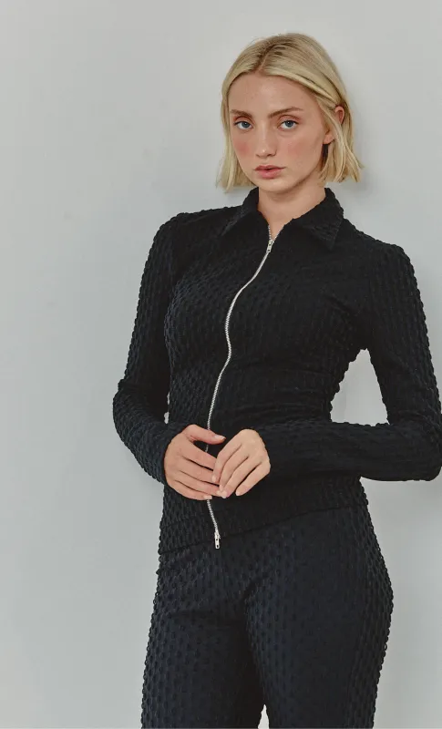 Black Textured 2-Way Zip Top made by Another Girl