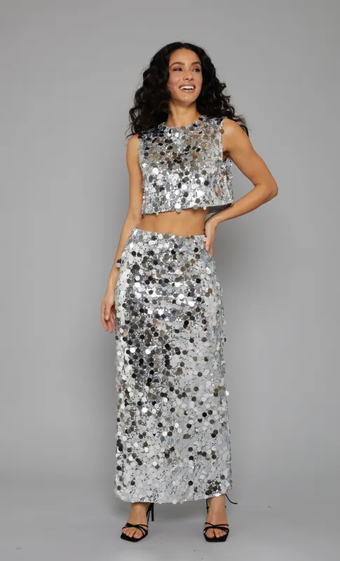Silver Sequin Maxi Skirt sold by Rare London