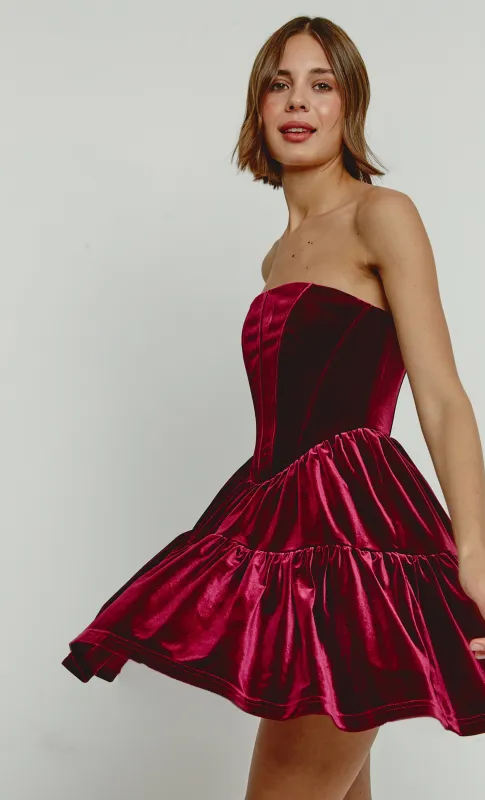 Wine Velvet Bandeau Mini Dress With Bows sold by Rare London