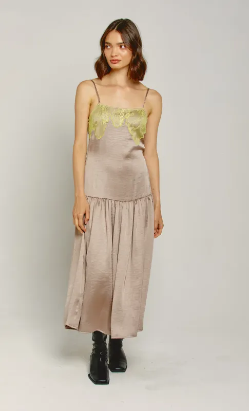 Oyster Drop Waist Lace Midi Dress sold by Rare London