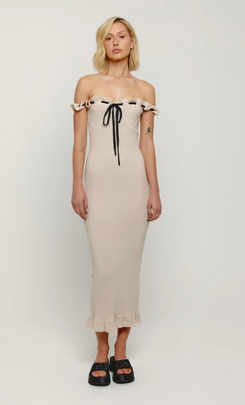 Cream Ruffle Knit Bardot Maxi Dress sold by Rare London