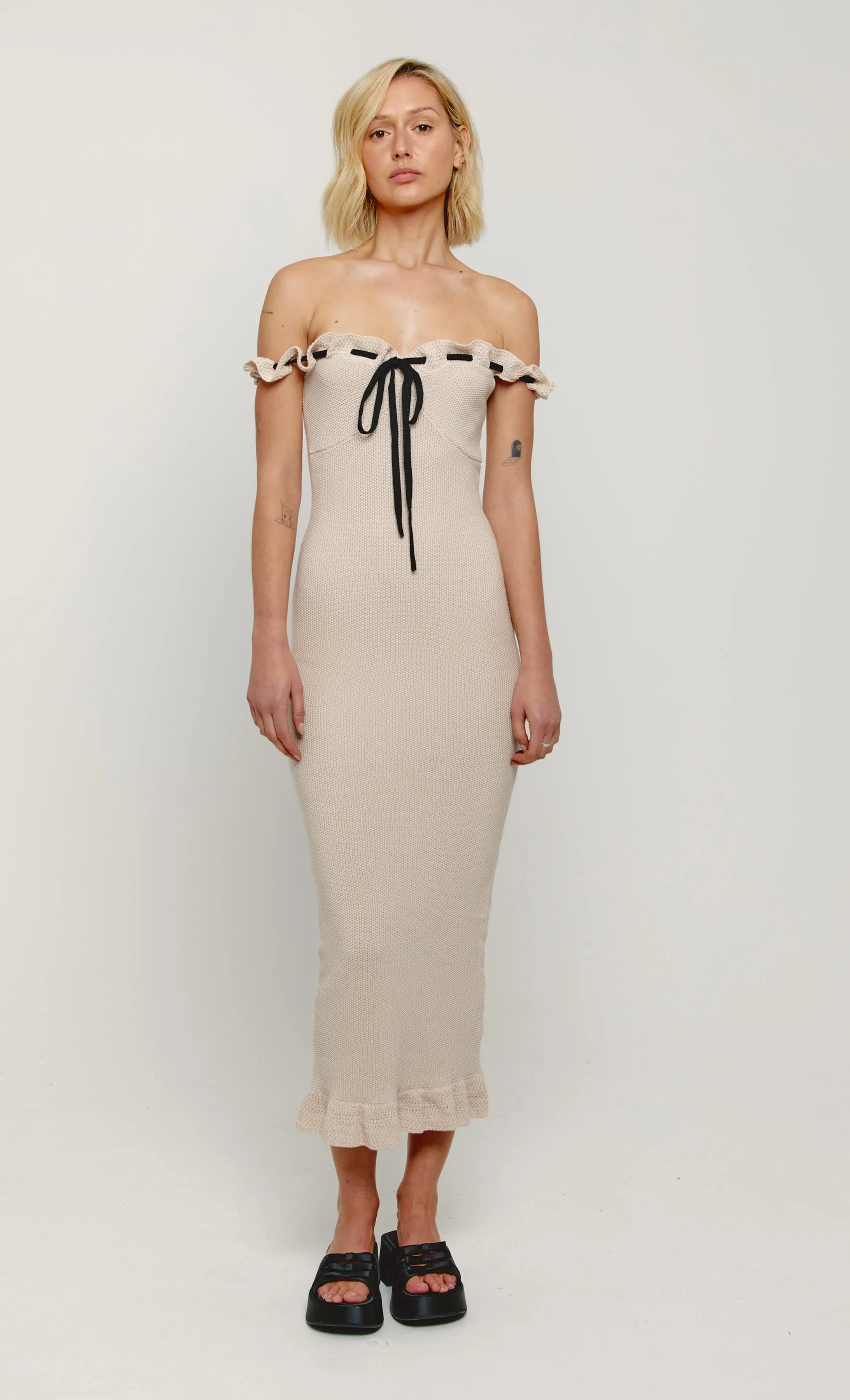Cream Ruffle Knit Bardot Maxi Dress sold by Rare London