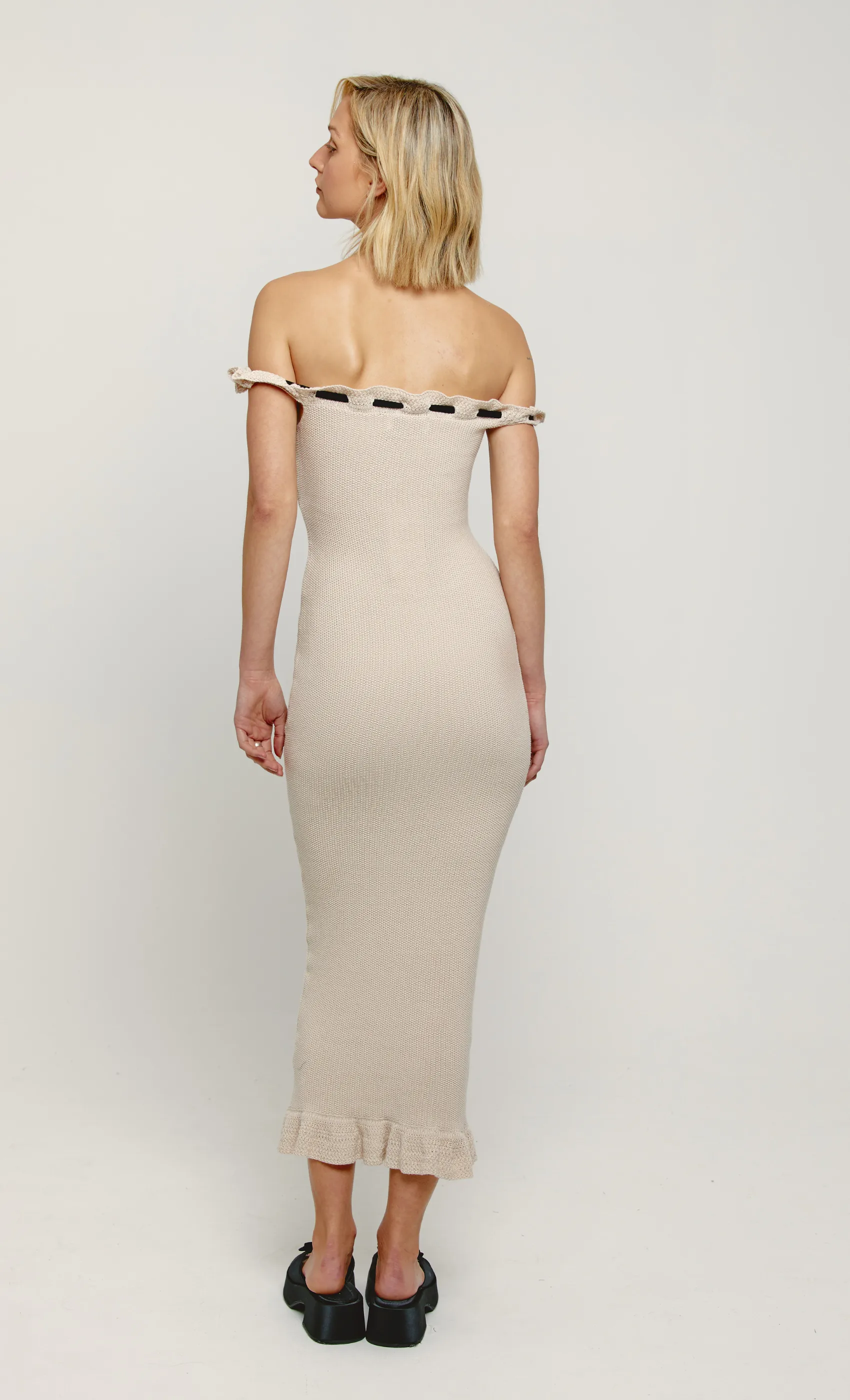 Cream Ruffle Knit Bardot Maxi Dress sold by Rare London product image thumbnail 2