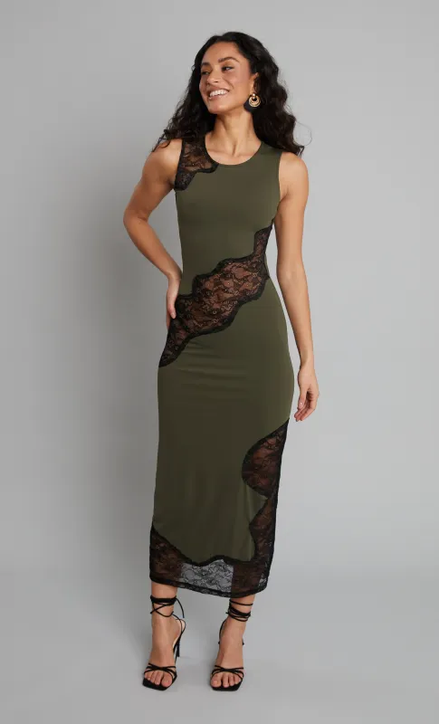 Khaki Applique Lace Maxi Dress sold by Rare London