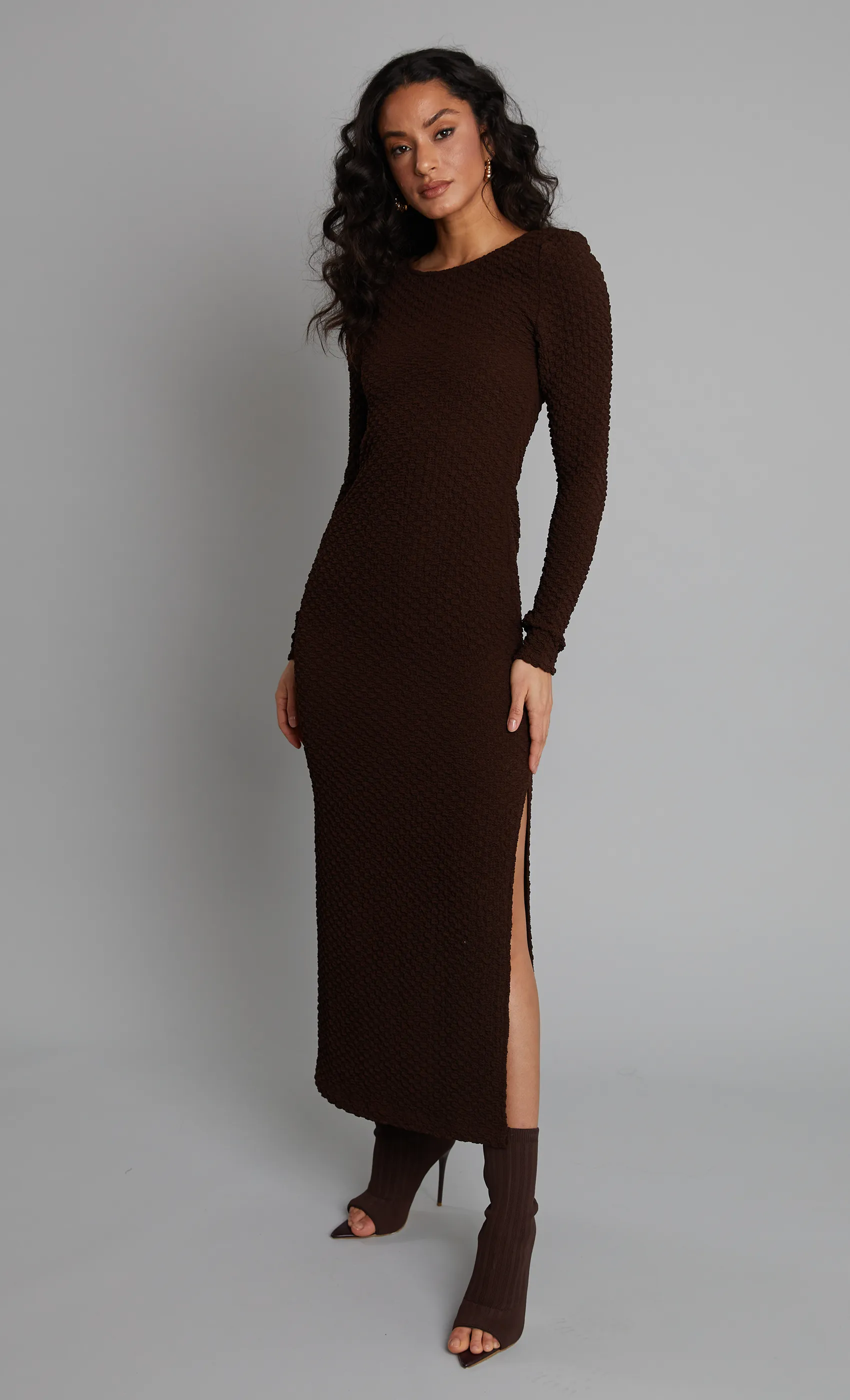 Brown Popcorn Long Sleeve Maxi Dress sold by Rare London product image thumbnail 2