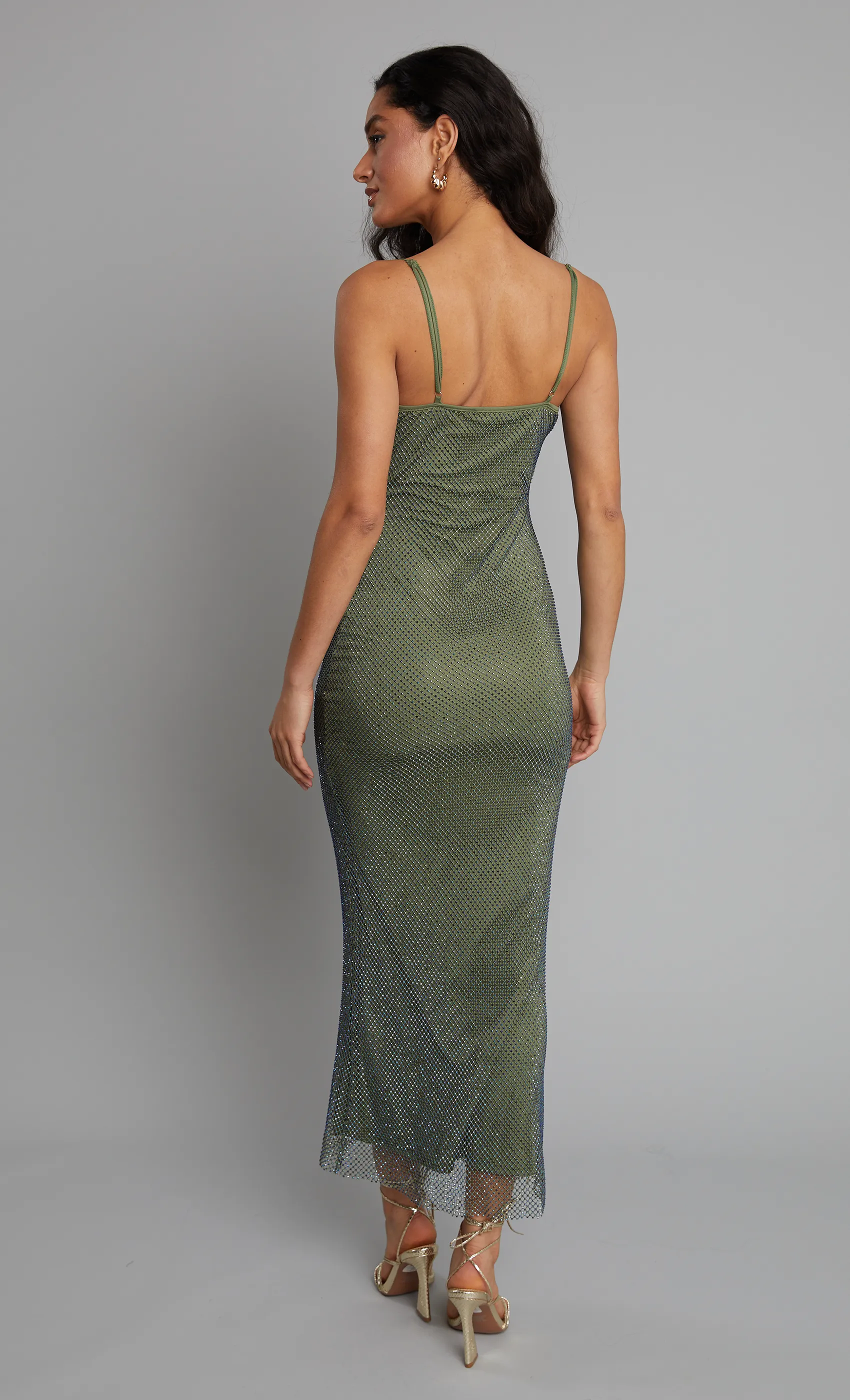 Khaki Diamante Mesh Maxi Dress sold by Rare London product image thumbnail 3