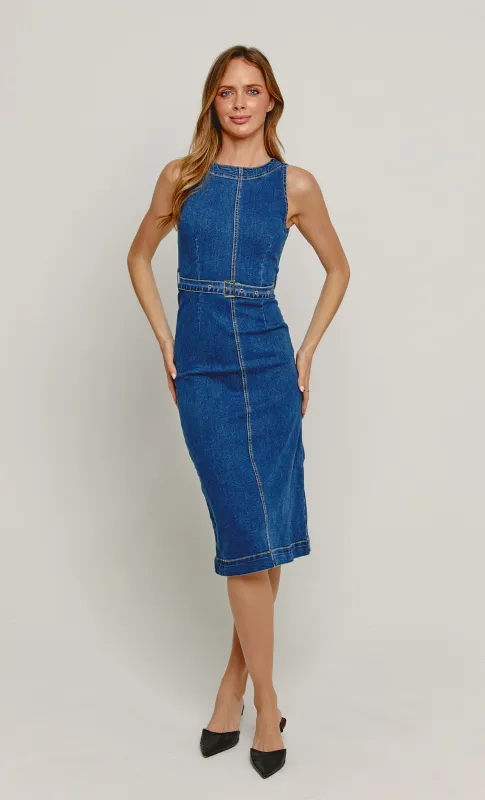 Dark Denim Midaxi Shift Dress sold by Rare London