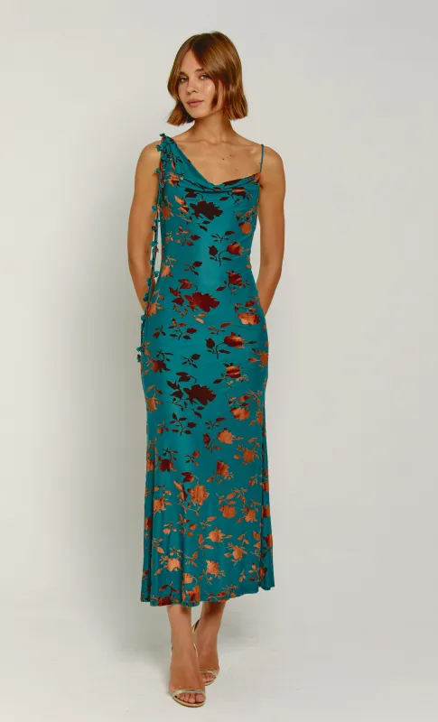 Teal Burnt Devore Asymmetric Maxi Dress sold by Rare London