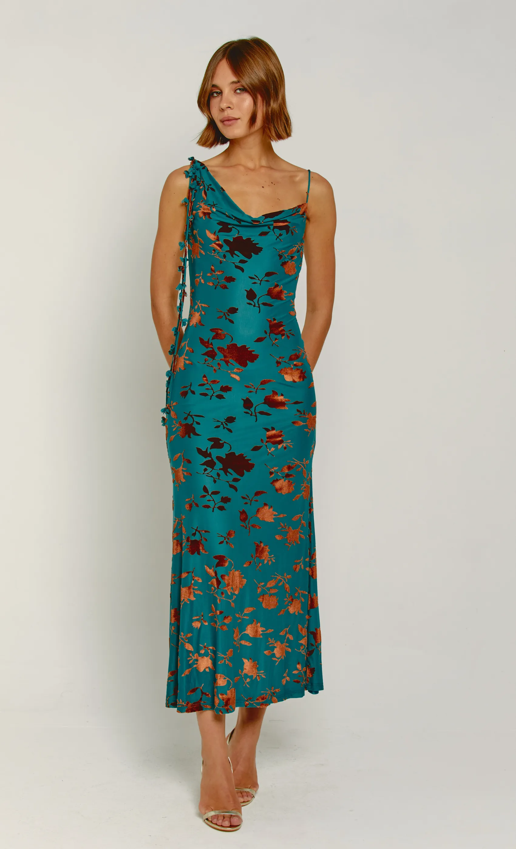 Teal Burnt Devore Asymmetric Maxi Dress sold by Rare London