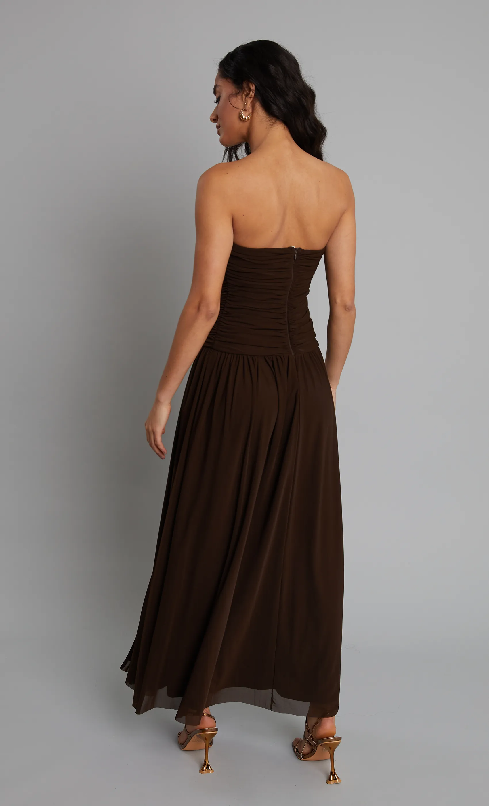 Brown Bandeau Ruched Split Maxi Dress sold by Rare London product image thumbnail 4