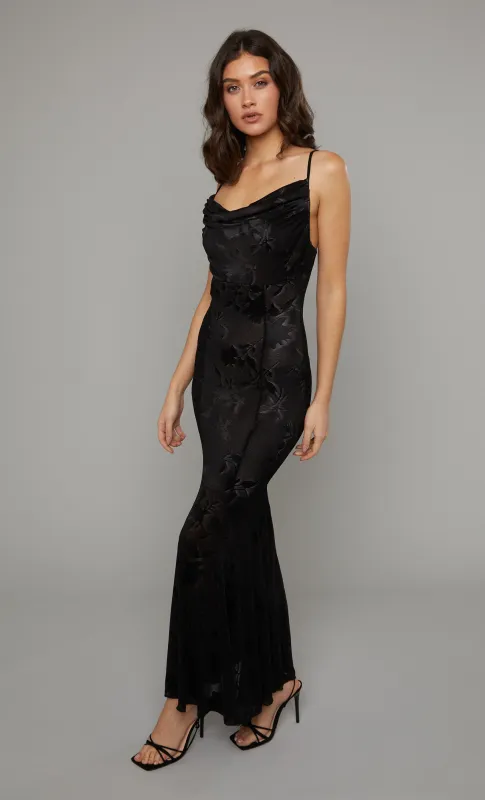 Black Cowl Neck Floral Mesh Maxi Dress sold by Rare London