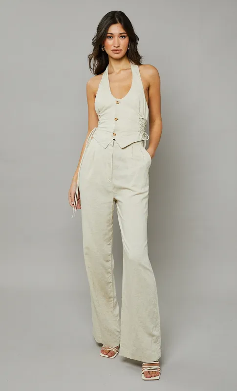 Beige Linen Halterneck Lace-Up Jumpsuit sold by Rare London