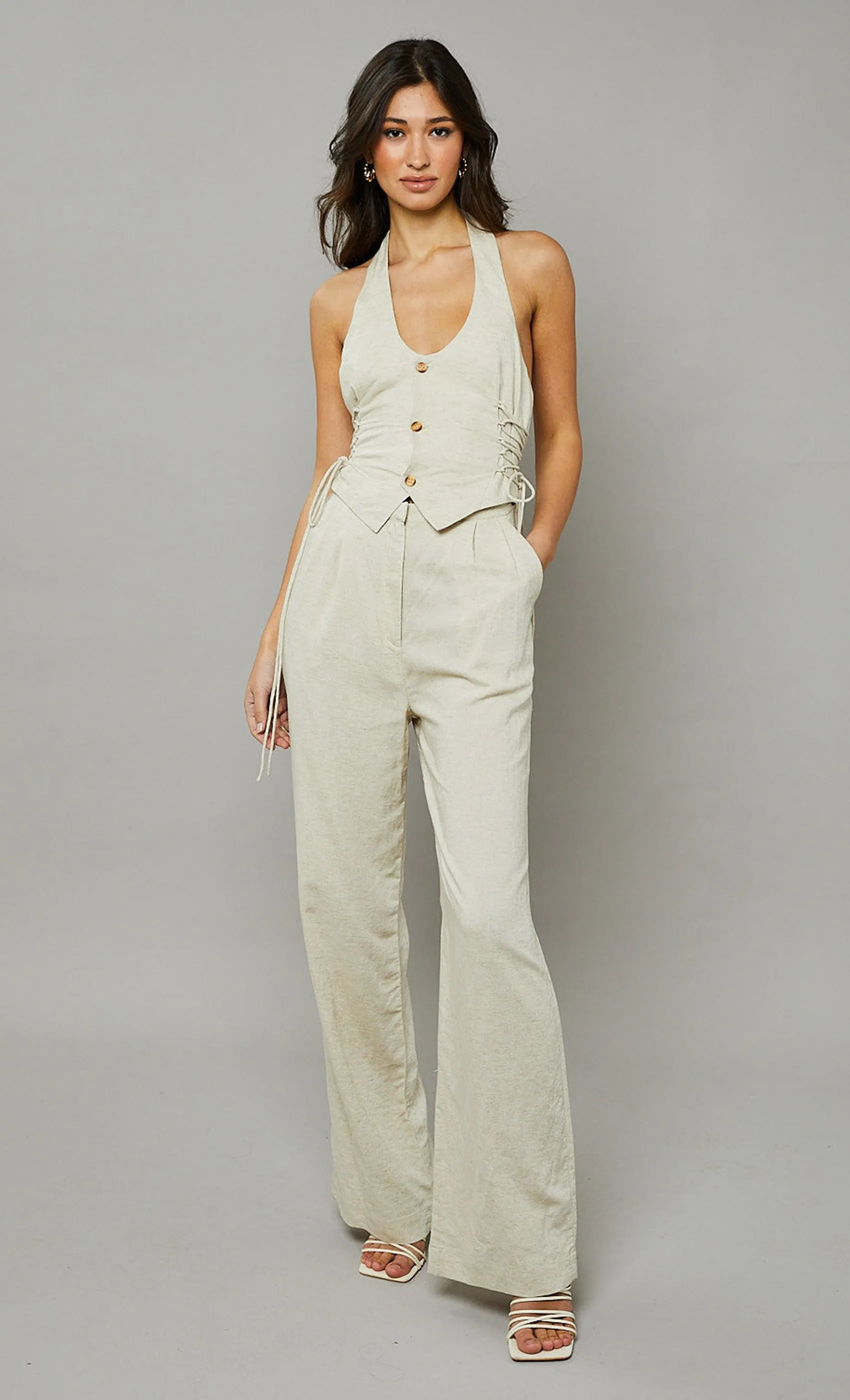 Beige Linen Halterneck Lace-Up Jumpsuit sold by Rare London