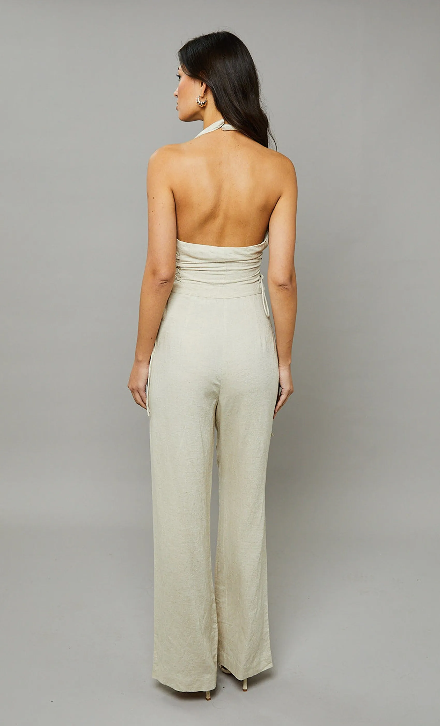 Beige Linen Halterneck Lace-Up Jumpsuit sold by Rare London product image thumbnail 3