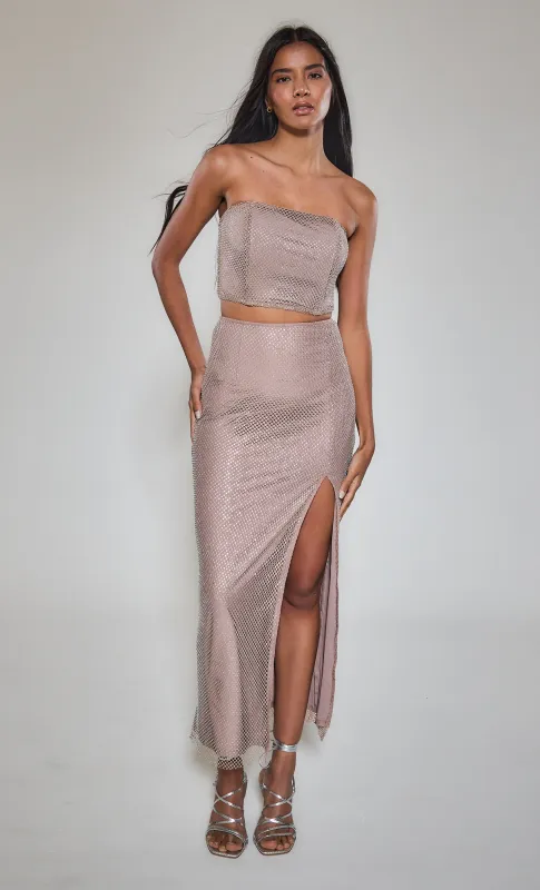 Dusk Pink Diamante Maxi Skirt sold by Rare London