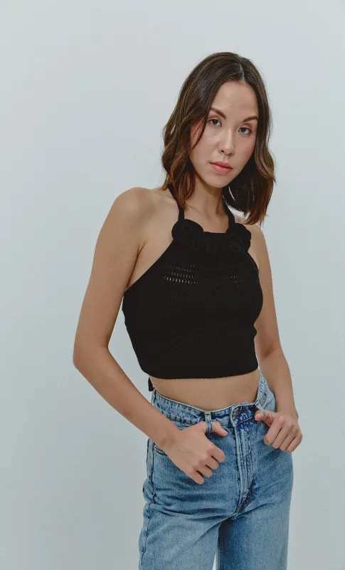 Black Flower Knitted Halter Top made by Another Girl