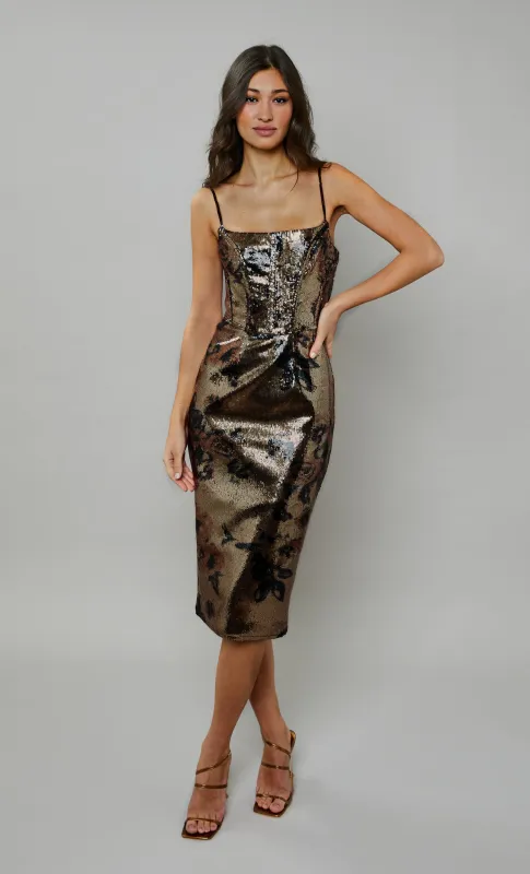 Gold Sequin Floral Corset Midi Dress sold by Rare London