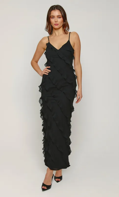 Black Frill Detail Maxi Dress sold by Rare London