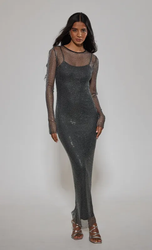 Black Diamante Long Sleeve Maxi Dress sold by Rare London