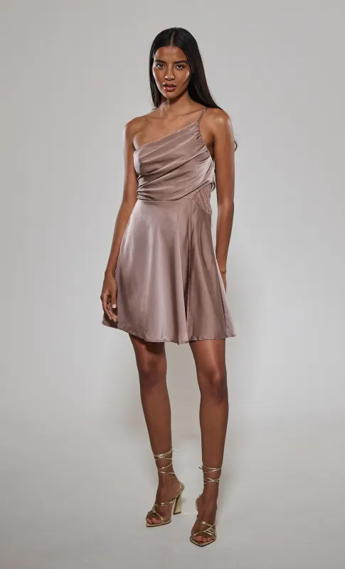 Mink One Shoulder Satin Mini Dress sold by Rare London