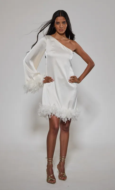Cream One Shoulder Feather Mini Dress sold by Rare London