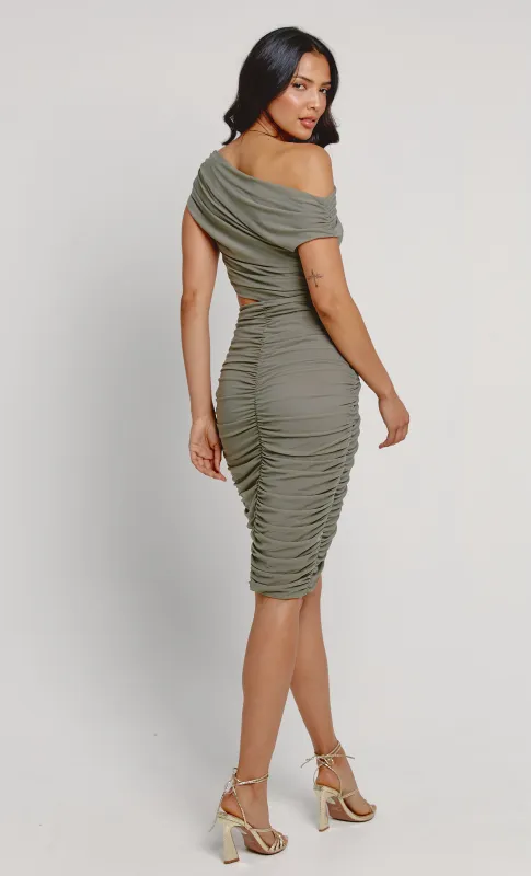 Khaki Mesh Asymmetric Wrap Dress sold by Rare London