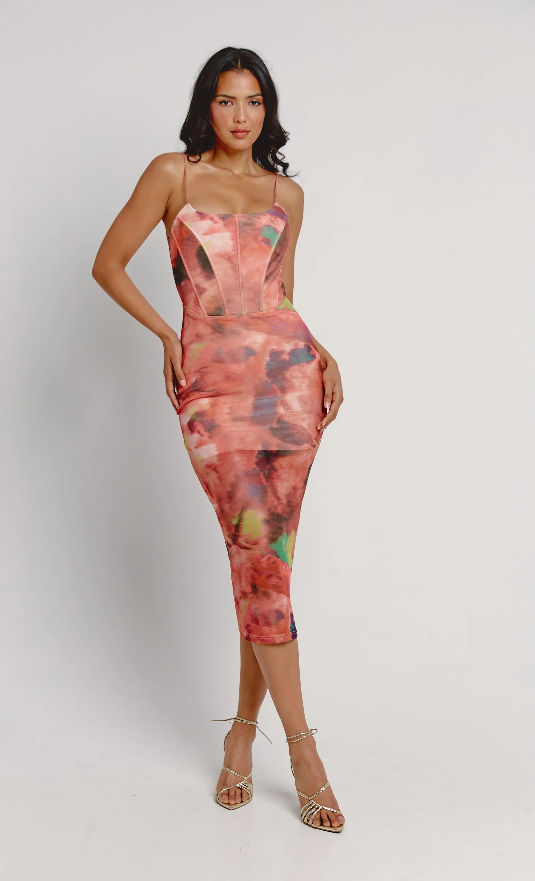 Print Corset Mesh Midi Dress sold by Rare London product image thumbnail 2