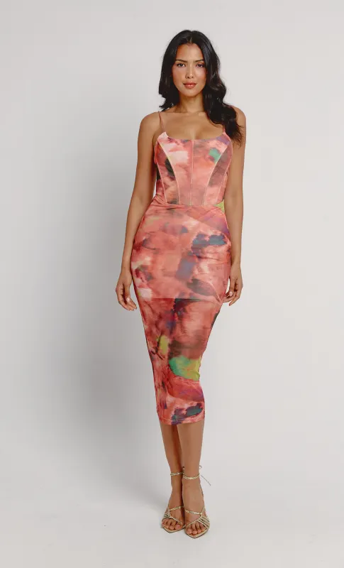 Print Corset Mesh Midi Dress sold by Rare London