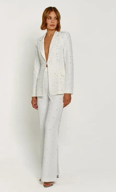 White Diamante Embellished Flared Trousers made by Rare London