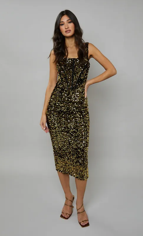 Gold Sequin Corset Velvet Midaxi Dress sold by Rare London