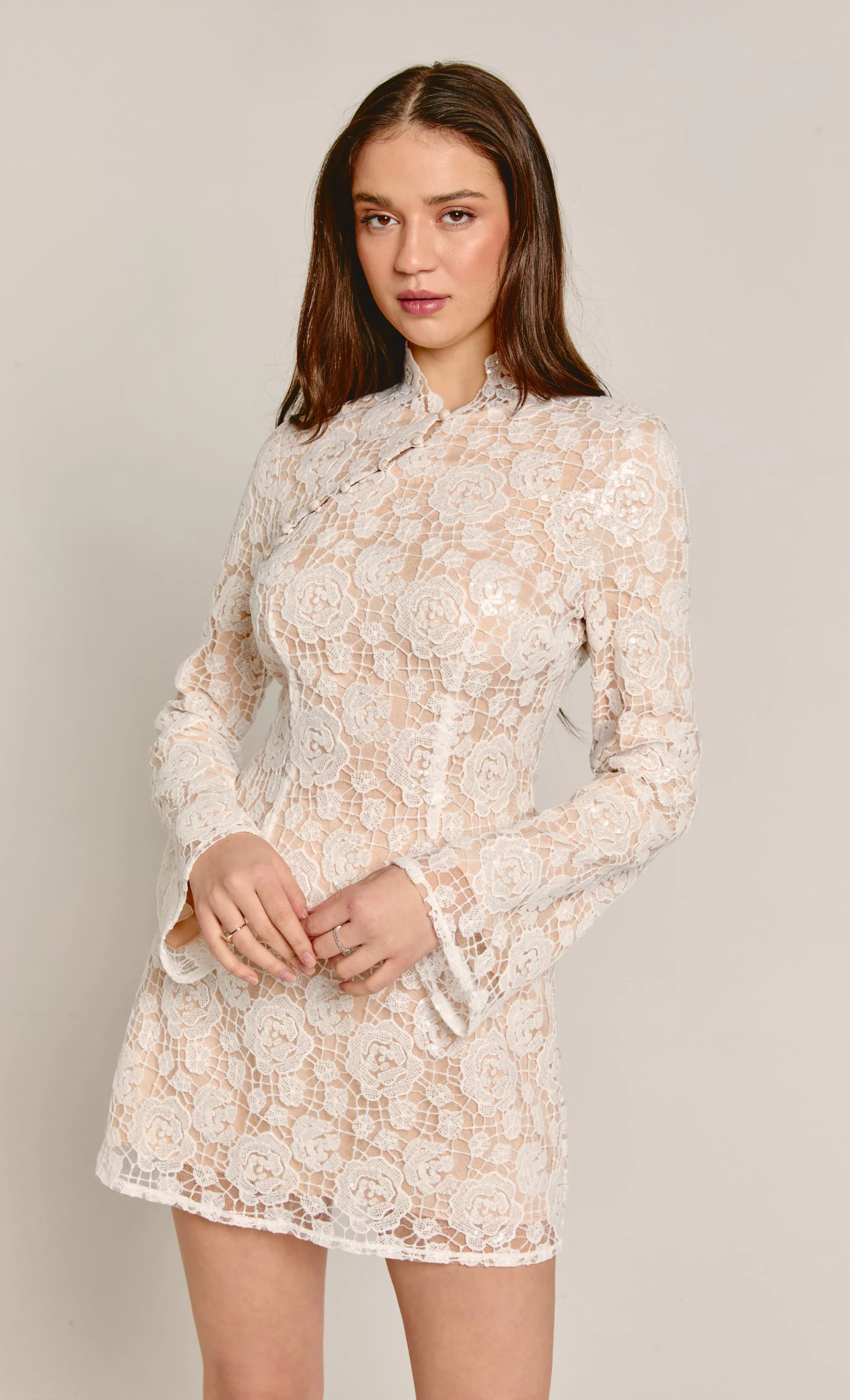 White Sequin Floral Lace Mini Dress sold by Rare London