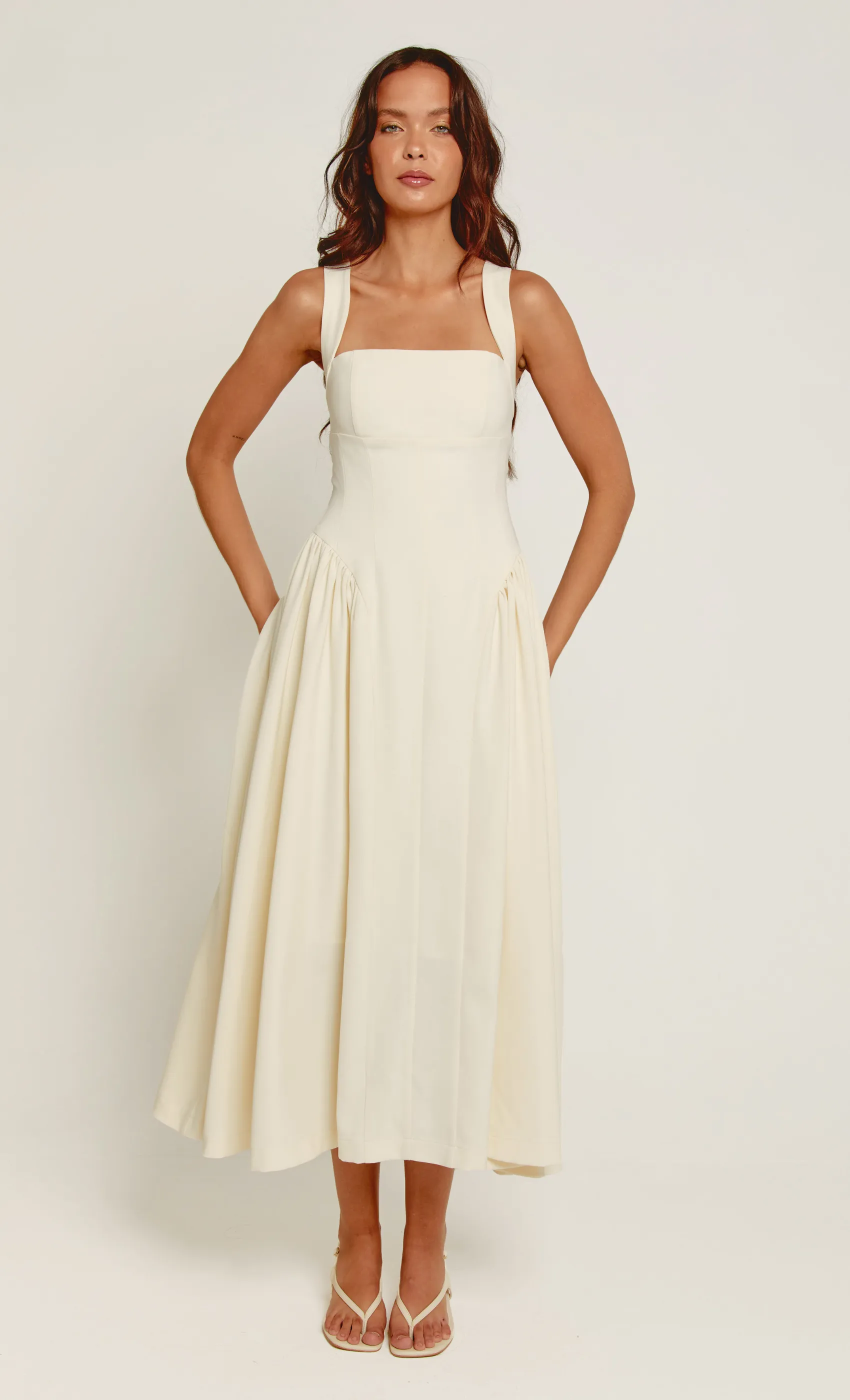 Cream Gathered Hip Pocket Midaxi Dress sold by Rare London