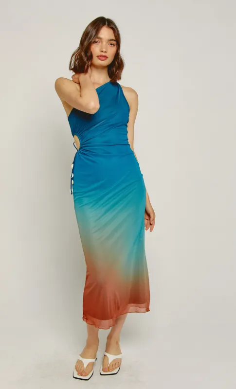 Ombre Midi Dress with Asymmetric Neckline and Shell Detailing sold by Rare London