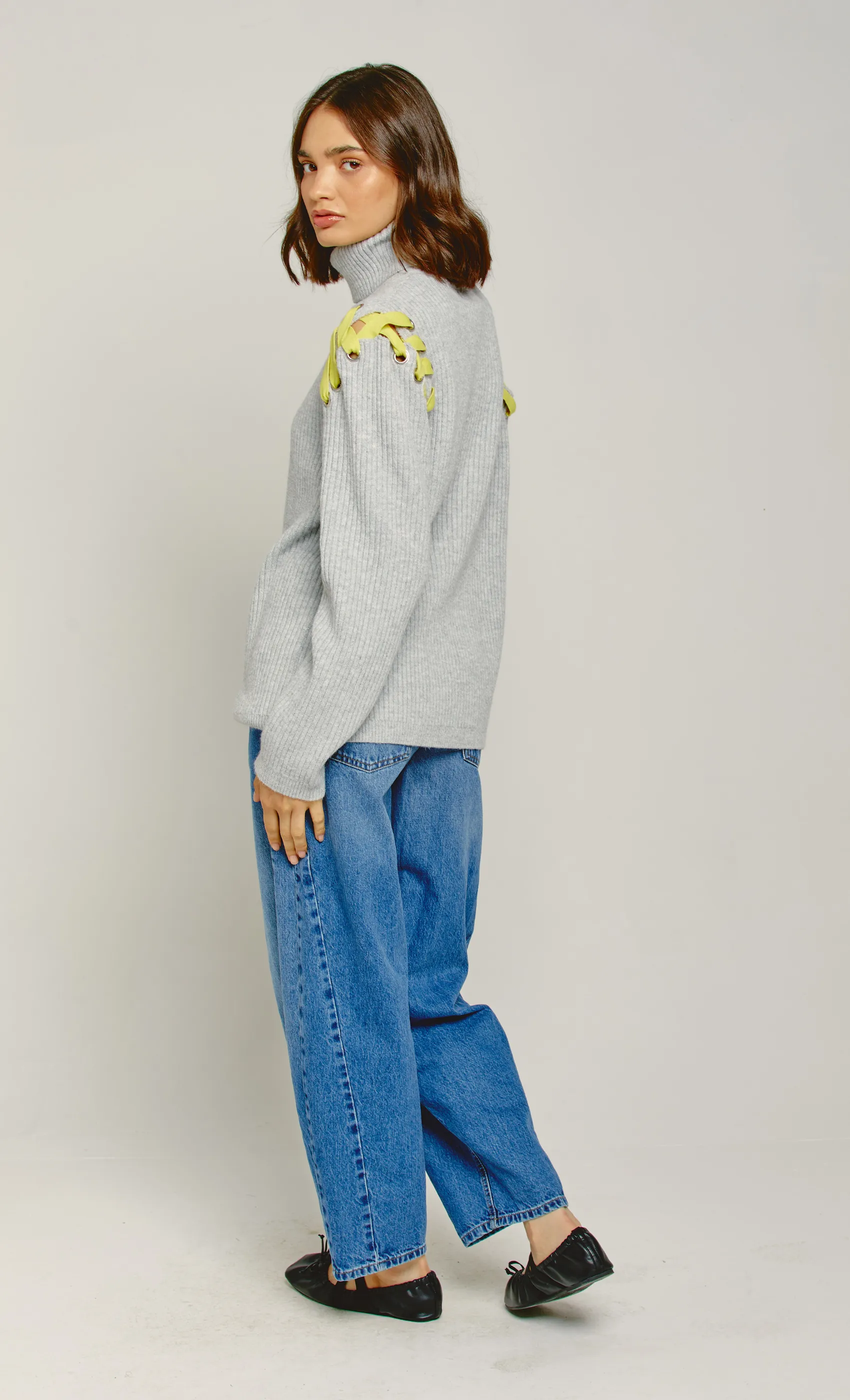 Grey Eyelet Detail Jumper with Yellow Lace sold by Rare London product image thumbnail 2