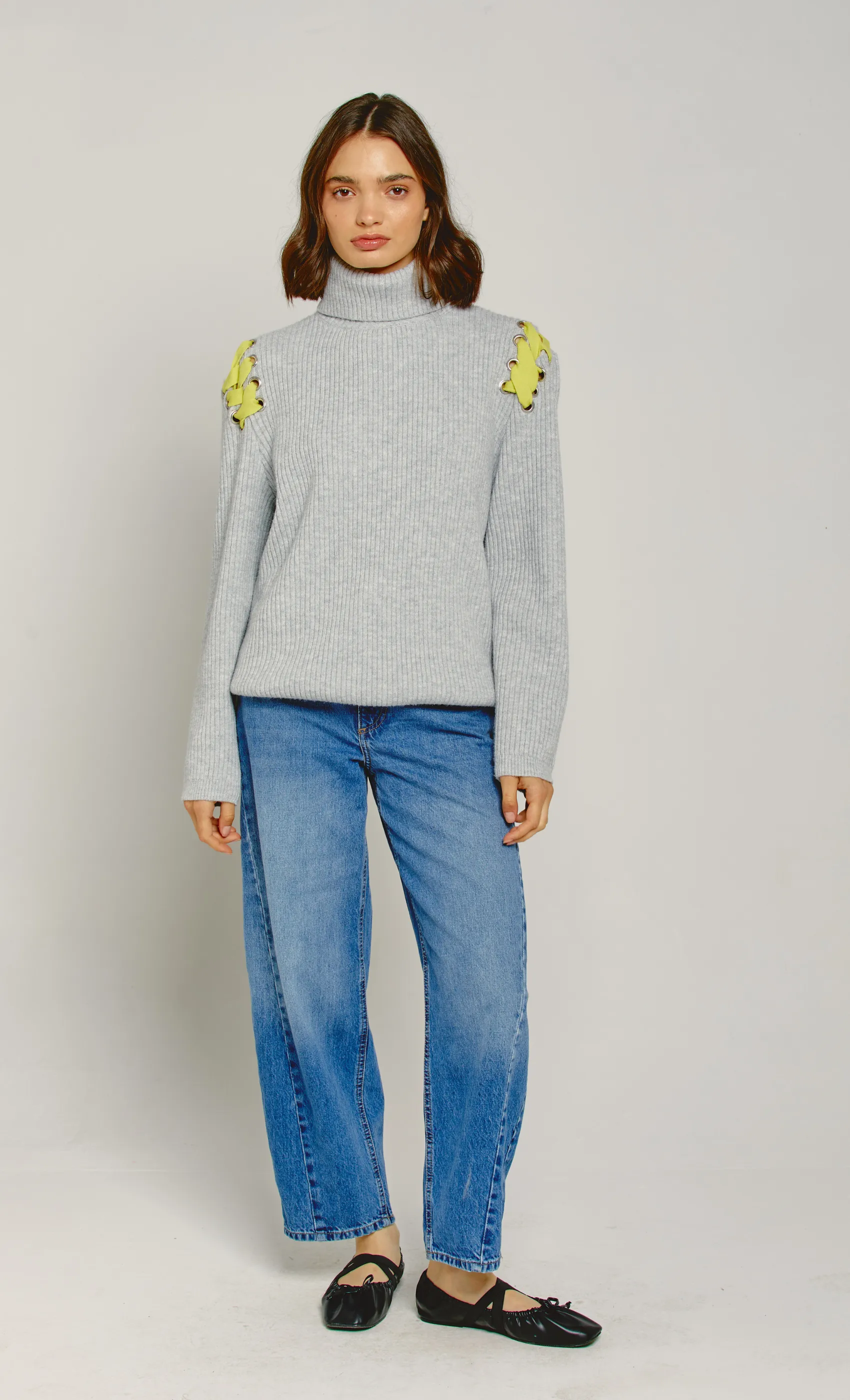 Grey Eyelet Detail Jumper with Yellow Lace sold by Rare London product image thumbnail 3