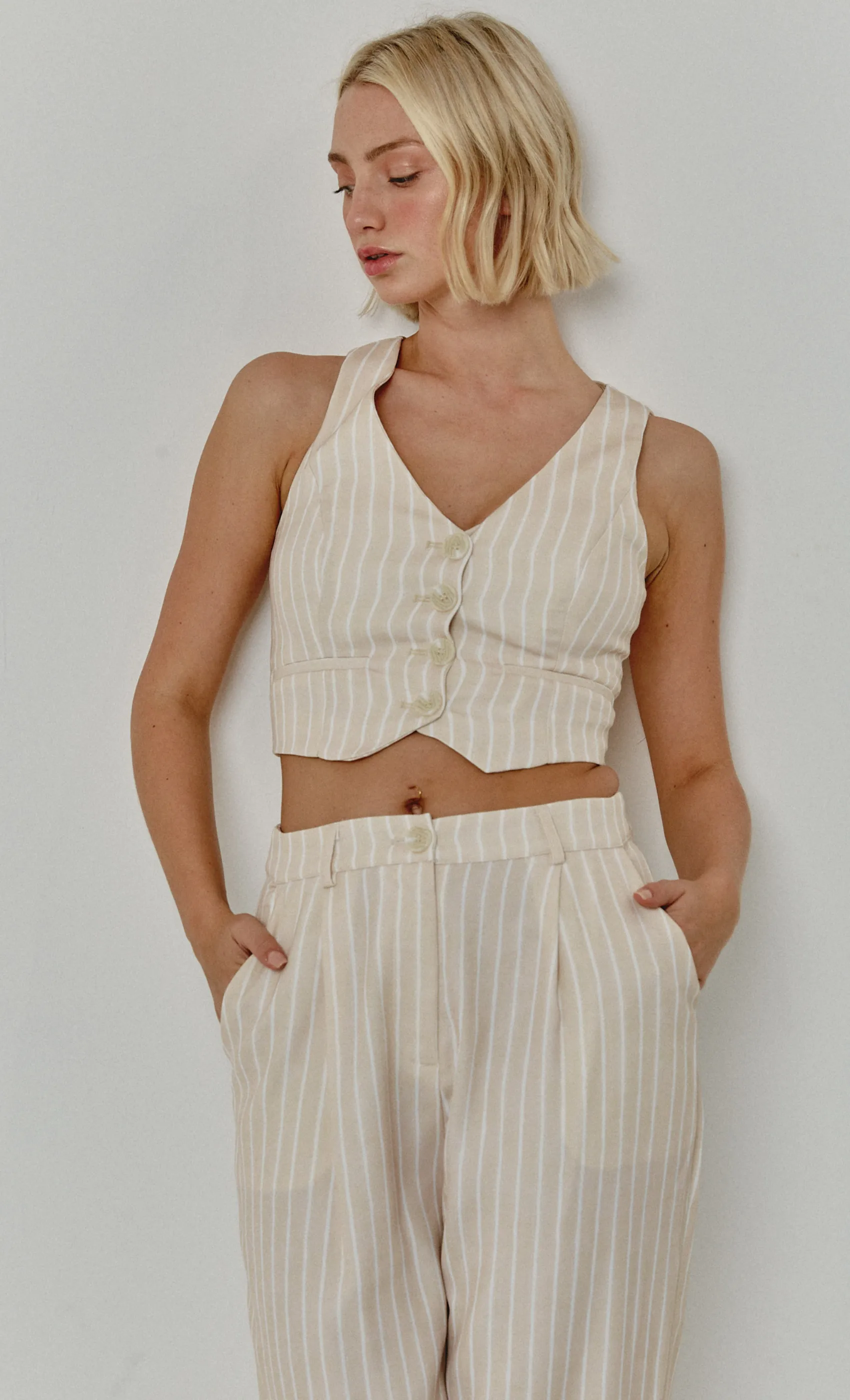 Beige Pinstripe Tailored Waistcoat sold by Rare London