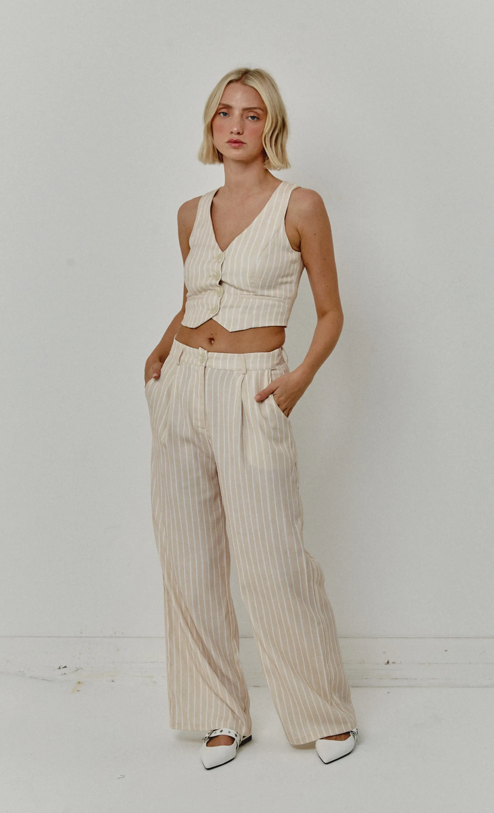 Beige Pinstripe Tailored Waistcoat sold by Rare London product image thumbnail 2