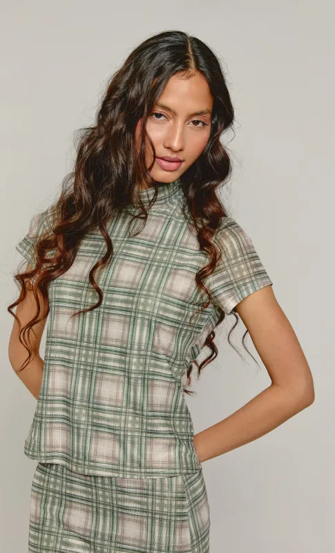 Green Checkered Mesh High Neck Top sold by Rare London