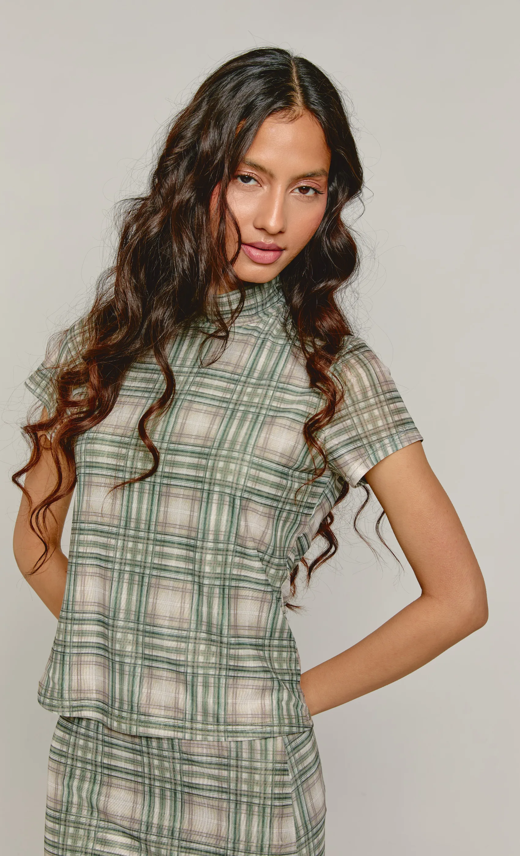 Green Checkered Mesh High Neck Top sold by Rare London
