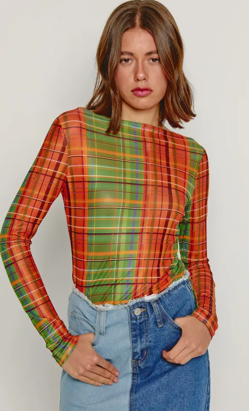 Orange & Green Checkered Mesh Top sold by Rare London