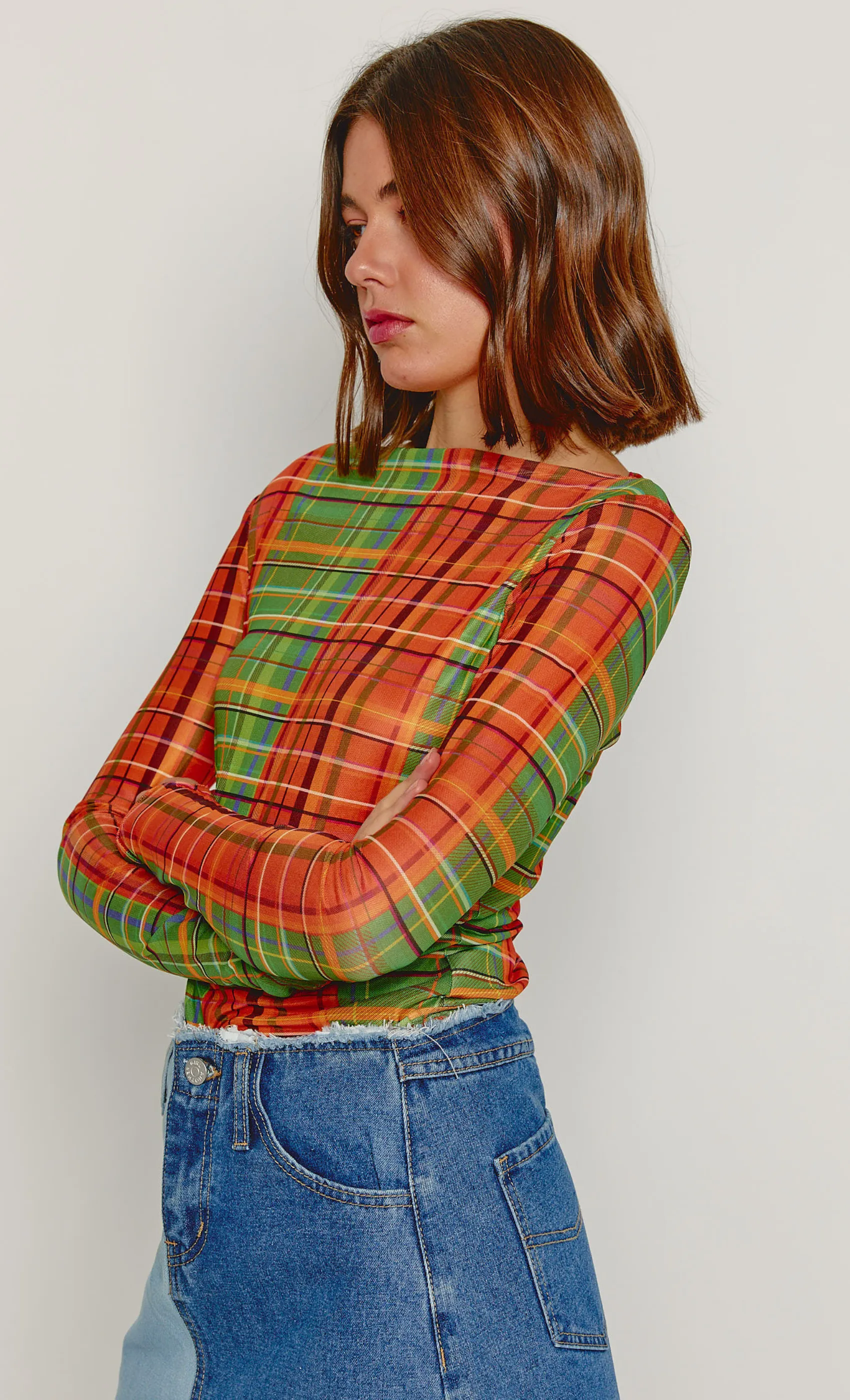 Orange & Green Checkered Mesh Top sold by Rare London product image thumbnail 2