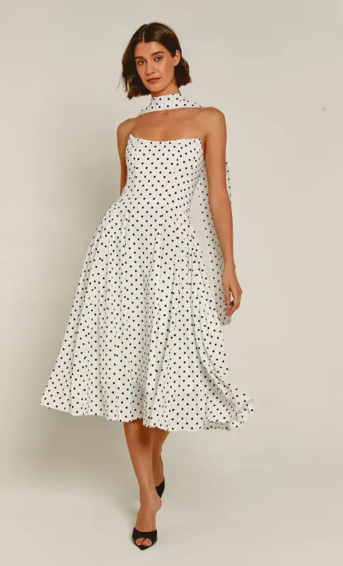 White Polka Dot Scarf Midi Dress made by Rare London